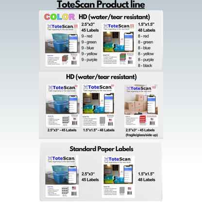 ToteScan Intelligent QR Labels for Organization/Moving/Storage (45 Unique Labels, 2.5"x3") Multi-Color (red/Green/Blue/Yellow/Purple) (Multi-Color)