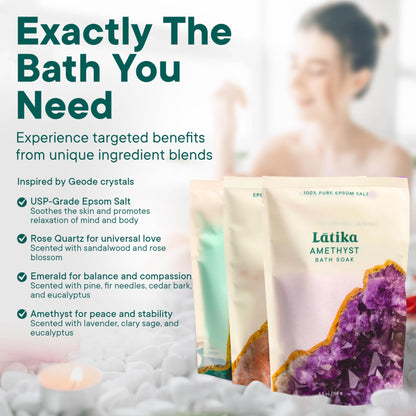 Latika Geode-Inspired Bath Soak Set of 3 - Amethyst, Rose Quartz & Emerald with Essential Oils & Epsom Salt - Sandalwood, Lavender, Sage & Eucalyptus for Stress Relief, Muscle Recovery & Skin Care
