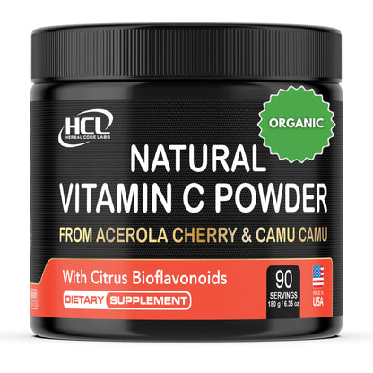 Natural Vitamin C from Organic Acerola Cherry & Camu Camu Powder - High Absorption with Citrus Bioflavonoids - Immune System & Collagen Booster - Anti Aging Skin Vitamins Made in USA 90 servings