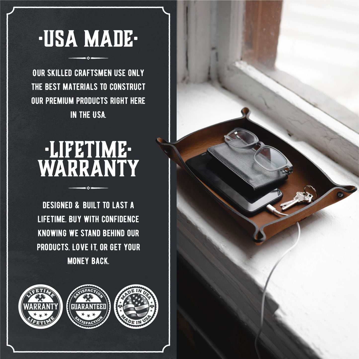 Leather Valet Tray for Men | Made in The USA | EDC Dump Tray for Keys, Phone, Wallet | Catch All Key Tray