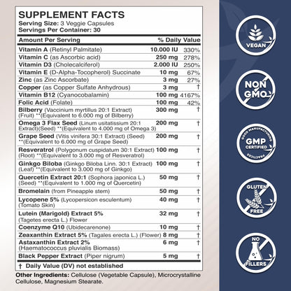 Gade Nutrition Lutein and Zeaxanthin Supplements | Astaxanthin, Omega 3, Resveratrol, Bilberry, Lycopene, Quercetin, Ginkgo Biloba, Vitamin D - Eye Health Vitamins, Eye Support, Health Vision Formula