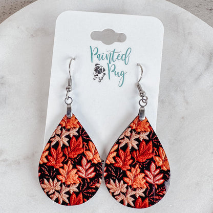 Fall Earrings for Women Autumn Lightweight Teardrop Dangle Fun Colorful Statement Jewelry Handmade by the Painted Pug (Fall Leaves Org Brwn)