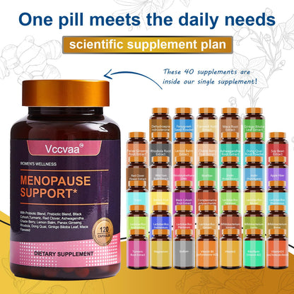 Vccvaa 40-in-1 Menopause Support for Women – Hormonal Balance, Hot Flash & Mood Relief – Black Cohosh, DIM, Maca, Red Clover, Probiotics, B6, D3 & More – Vegan, 120 Capsules