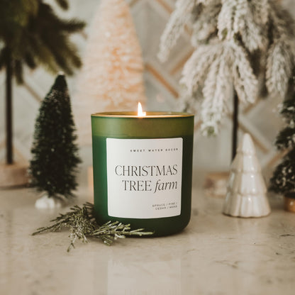 Sweet Water Decor Christmas Tree Farm Candle - Spruce, Cypress, Cedarwood, Pine Scented Candle - 15oz Green Jar, 70+ Hour Burn Time, Made in The USA - Soy Christmas Candles and Decor