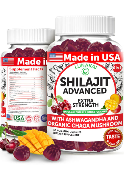 Lunakai USA Made Pure Shilajit Gummies 1200mg with Ashwagandha & Chaga - Himalayan Shilajit for Men & Women, Energy & Vitality Support, 60ct