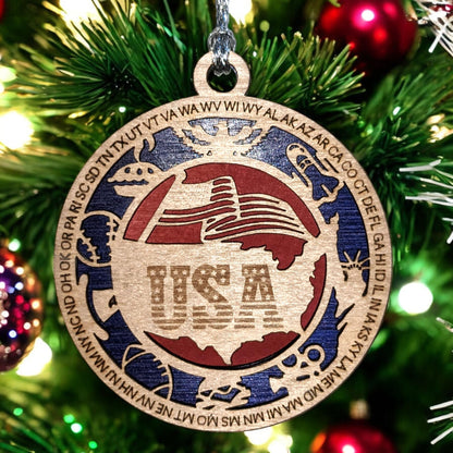 Patriotic USA Christmas Ornament - Handmade Wooden Laser Cut American Symbol Decor, 3" Round, 2 Layer, Made in Oregon