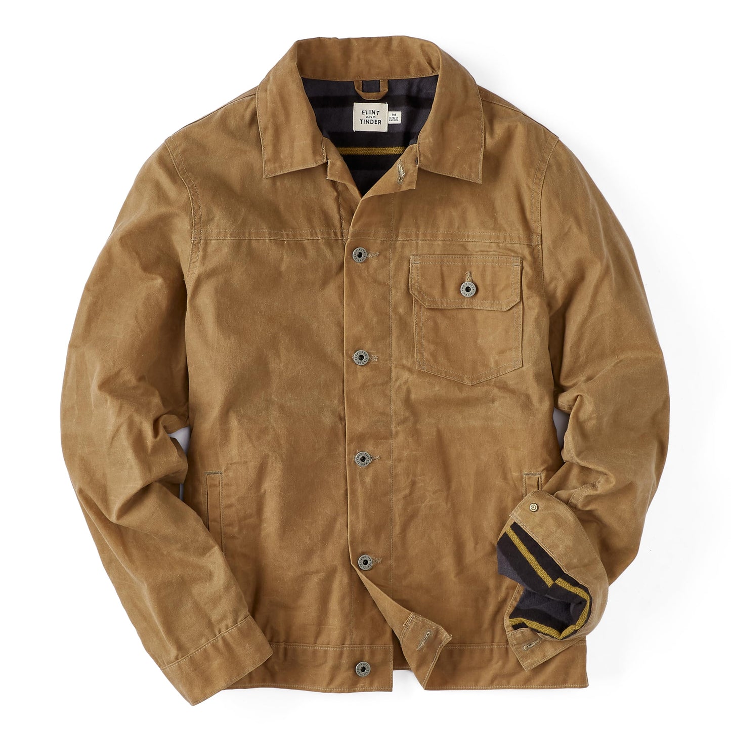 Huckberry Flint and Tinder Men's Flannel-Lined Waxed Trucker Jacket, Water & Weather Resistant Mens Jacket, Field Tan