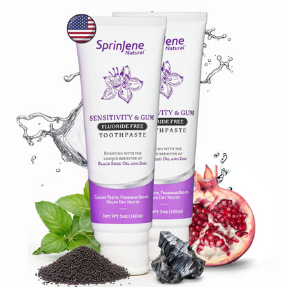 SprinJene Natural Fluoride Free Toothpaste for Sensitive Teeth & Gums – Patented Toothpaste with Black Seed Oil & Zinc – Vegan Dry Mouth Prevention for Fresh Breath – Made in The USA (2 Pack)