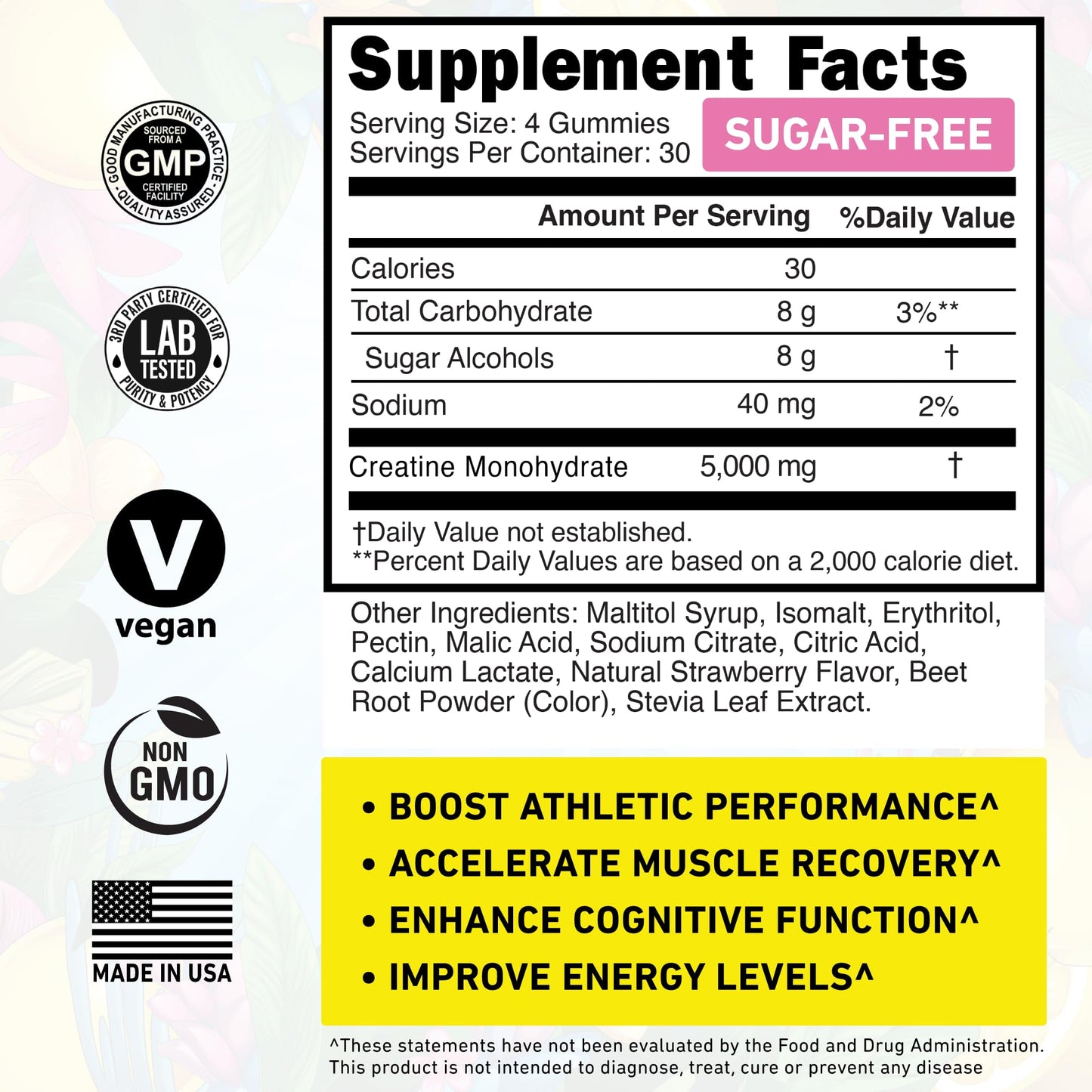 WILD GAINZ Creatine Monohydrate Gummies for Men & Women 5000mg - Sugar-Free Strawberry Flavor, Vegan, Non-GMO, Gluten-Free. Supports Muscle Growth, Strength & Focus. Made in USA - 120 Chews