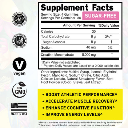 WILD GAINZ Creatine Monohydrate Gummies for Men & Women 5000mg - Sugar-Free Strawberry Flavor, Vegan, Non-GMO, Gluten-Free. Supports Muscle Growth, Strength & Focus. Made in USA - 120 Chews