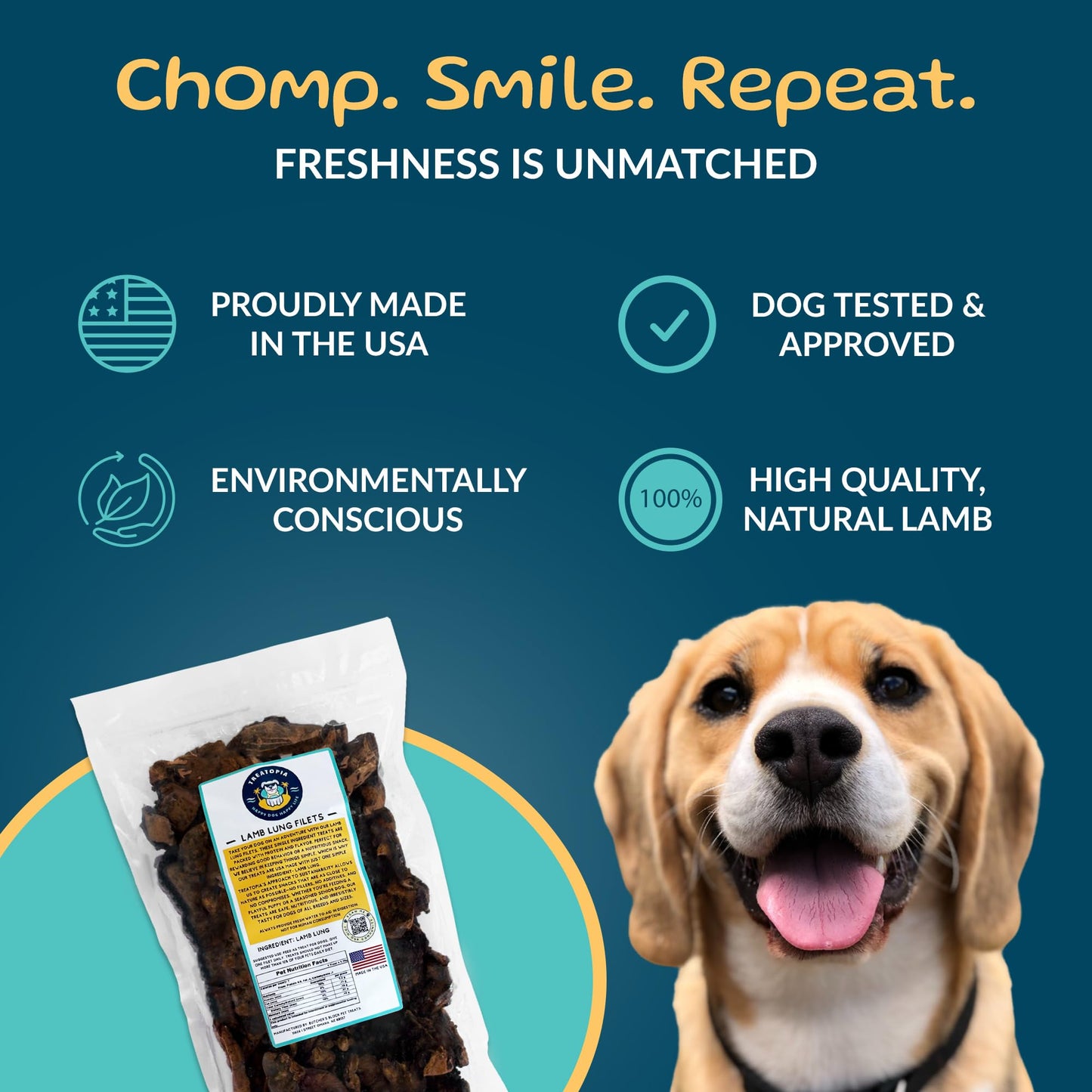 TREATOPIA Lamb Lung Filet Dog Treats - All-Natural, Sustainable, Healthy, High Protein, Hand-Trimmed, Slow-Roasted, Made in The USA, Nutritious, No Additives, No Fillers