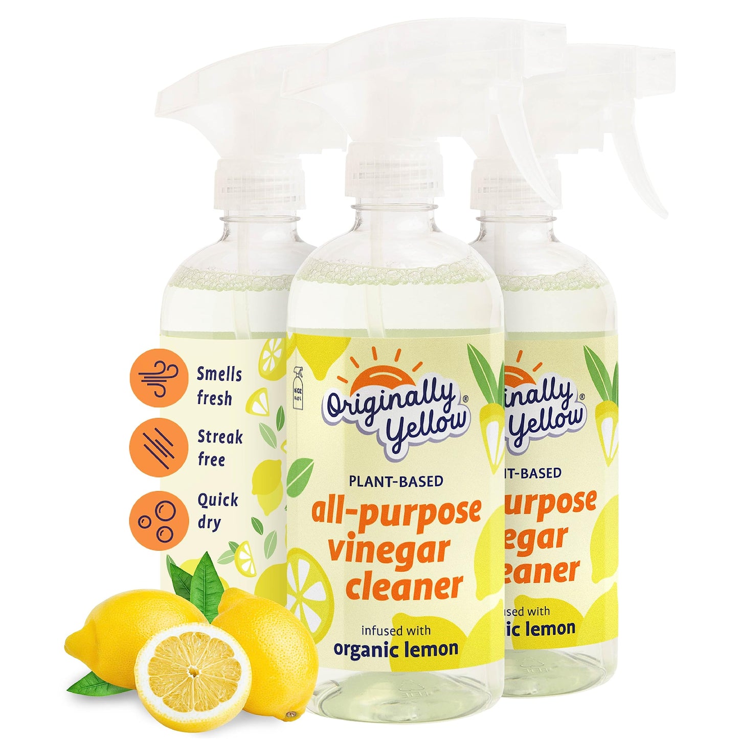 Originally Yellow Lemon Vinegar All Purpose Cleaning Spray | Distilled Cleaning Vinegar For Every Room In the House | Plant-Derived All Purpose Cleaner | Living Room, Bathroom, & Kitchen | 3 Pack
