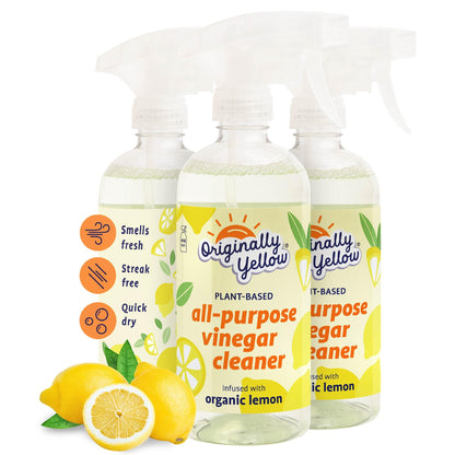 Originally Yellow Lemon Vinegar All Purpose Cleaning Spray | Distilled Cleaning Vinegar For Every Room In the House | Plant-Derived All Purpose Cleaner | Living Room, Bathroom, & Kitchen | 3 Pack