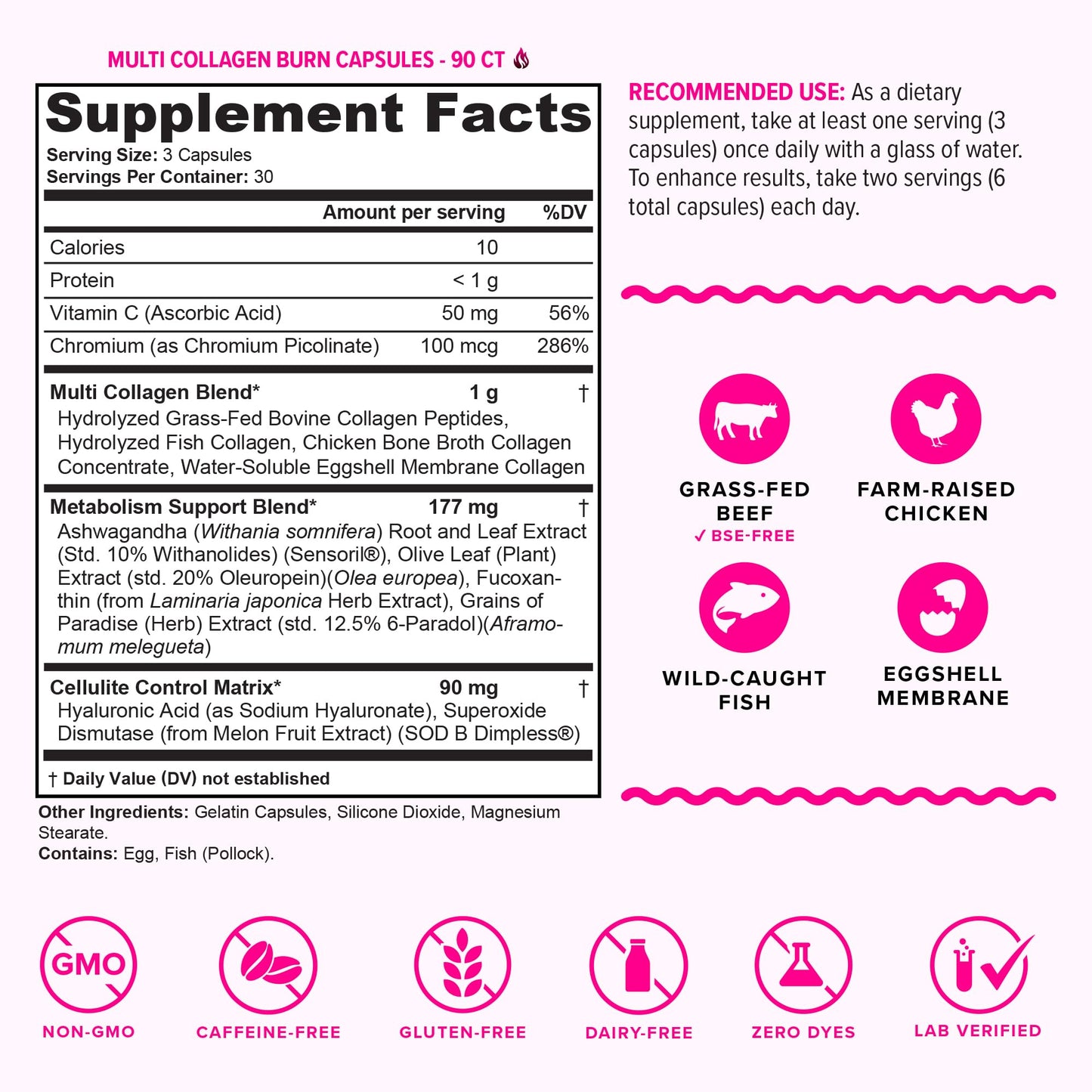 Multi Collagen Burn: Multi-Type Hydrolyzed Protein Peptides with Hyaluronic Acid, Vitamin C, SOD B Dimpless, Types I, II, III, V and X, Caffeine-Free (Unflavored Capsules)