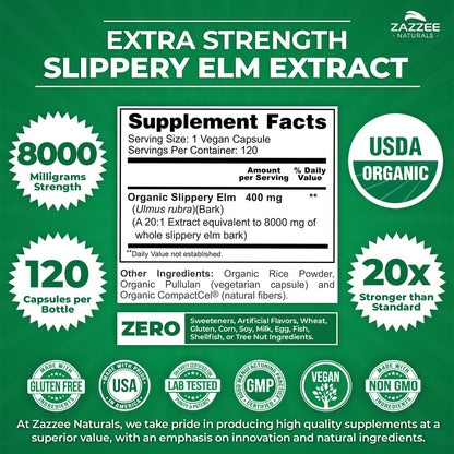 Zazzee USDA Organic Slippery Elm Bark 20:1 Extract, 8000 mg Strength, 120 Vegan Capsules, 4 Month Supply, Standardized, Concentrated 20X Extract, 100% Vegetarian, All-Natural, Non-GMO, Made in the USA