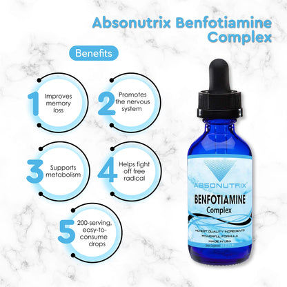 Absonutrix Benfotiamine Complex 300 mg, 4 Fl Oz Bottle, 200 Servings, High Bioavailability, Potent Ingredients, Quick Absorption, Cruelty-Free, Non-GMO, Third-Party Tested, GMP-Certified, Made in USA
