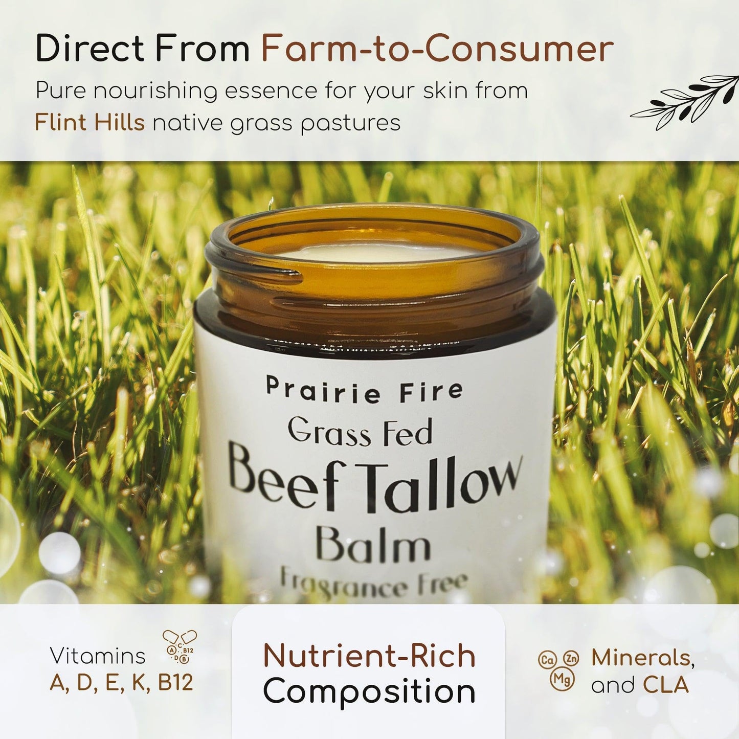 Beef Tallow Balm - 4 oz - Organic Grass Fed and Finished Tallow - Made in USA - Moisturizing Skin Care Fragrance Free