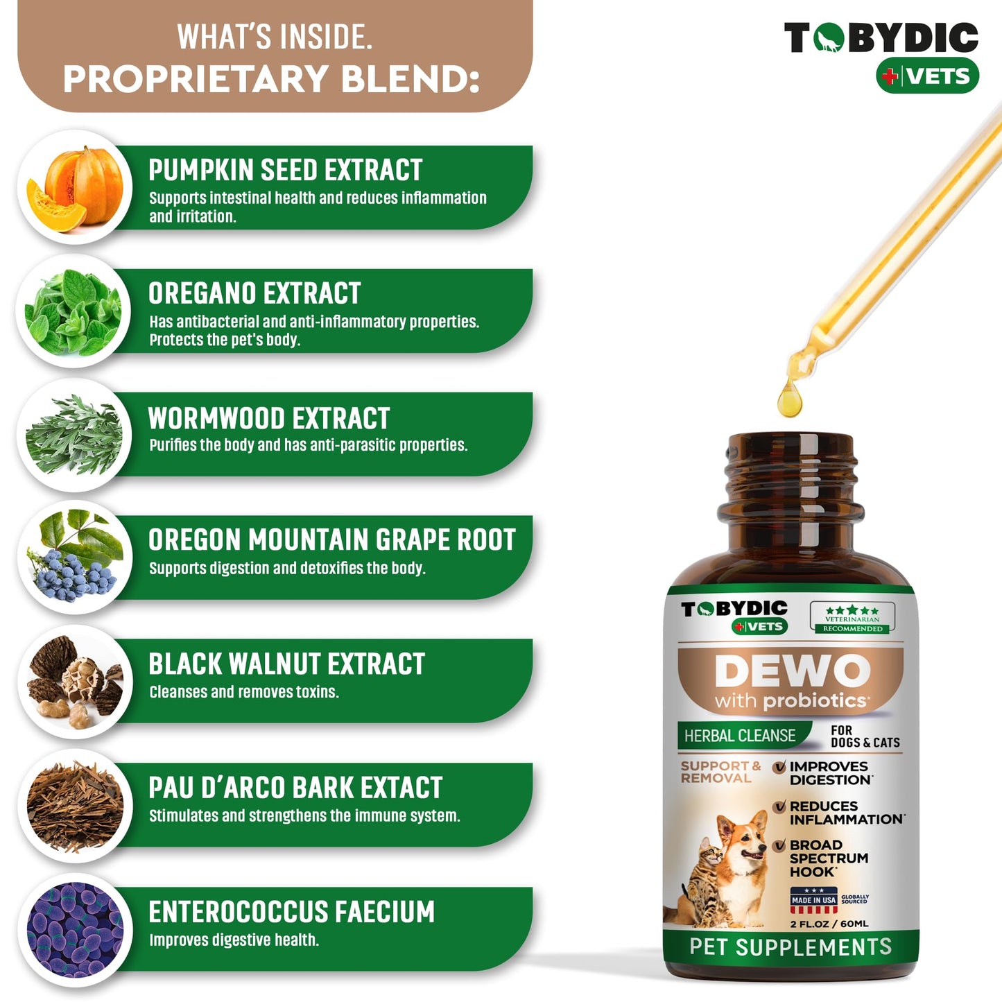 Tobydic Broad Spectrum Herbal Intestinal Defense with Probiotic for Cats & Dogs - Natural Support Helps to Remove Toxins - Supplement Drops - Made in USA