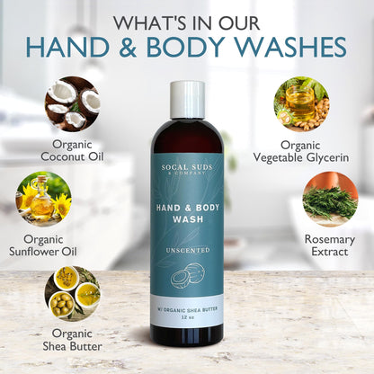 SoCal Suds & Company Organic Shea Butter Body Wash – Fragrance Free Liquid Soap for Hand & Body, Moisturizing Shower Gel, Body Wash for Women, Men & Unisex, Gentle Skin Care & Protection - (12oz)