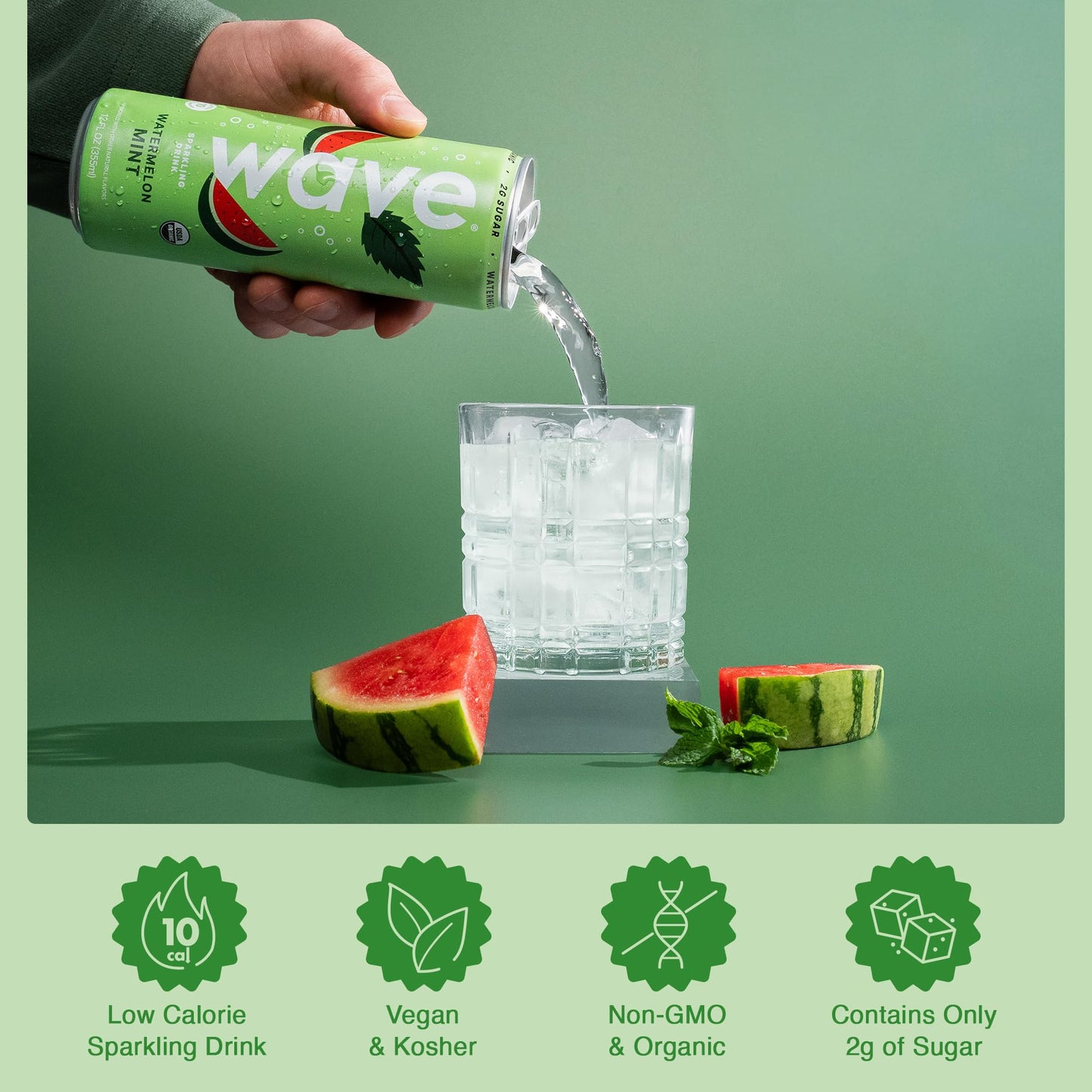WAVE Organic Sparkling Drink | Low Calorie Drink, Watermelon Mint Lightly Carbonated | Great Natural Soda Alternative | USA Made Kosher No Added Sugar, Color, & Artificial Ingredients |12 Pack