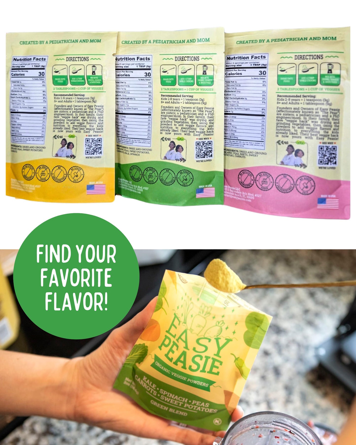 Easy Peasie Organic Veggie Powder Blends for Kids and Picky Eaters | Hidden Vegetable Powder Additive for Meals and Smoothies (3-Pack Pouches: Green, Red, and Original - each 2oz)