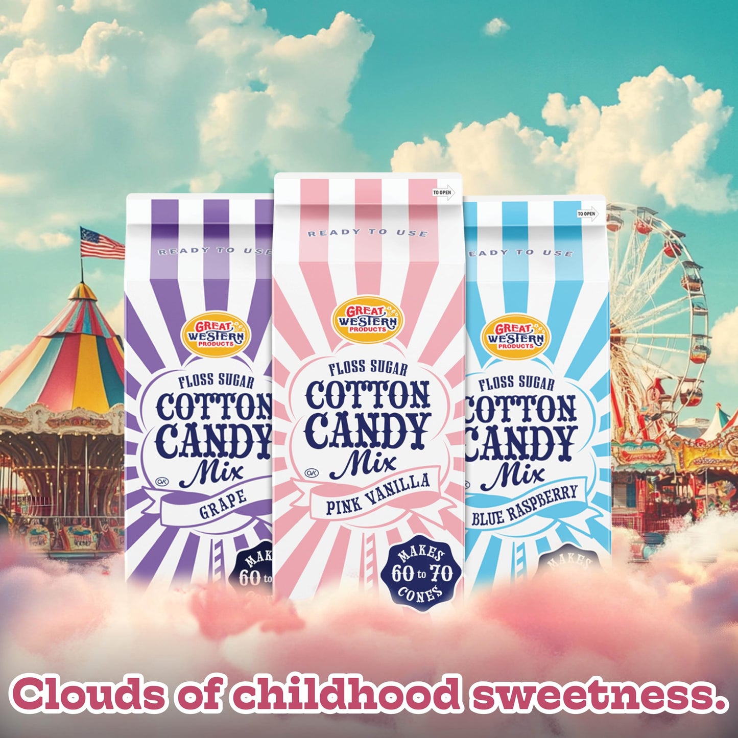 Premium America Variety Pack Blue Raspberry, Pink Vanilla, Grape Cotton Candy Floss Sugar Carnival-Style Fluffy Fun, Pre-Mixed & Ready to Use for Parties, Events & Festivals 3.25 lb Cartons Case of 3