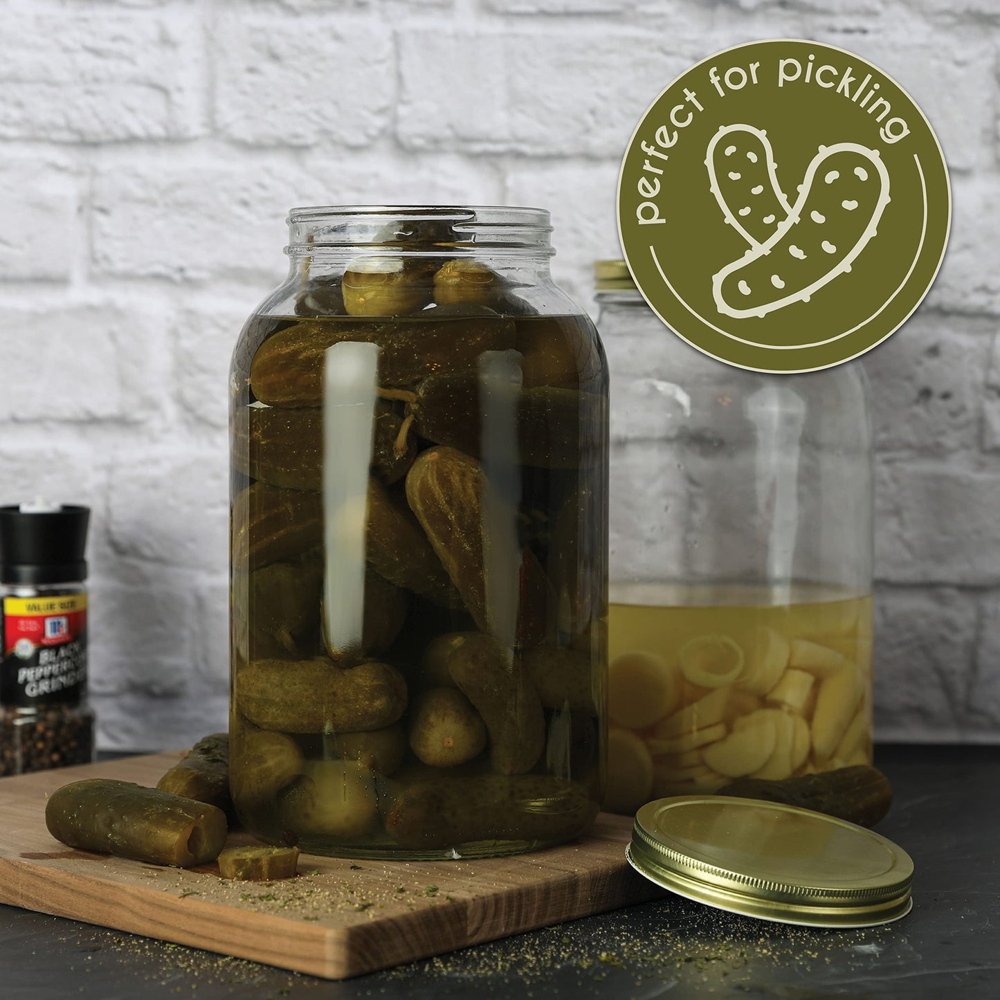 kitchentoolz 1 Gallon Glass Large Mason Jar Wide Mouth with Metal Airtight Lids (4 Pack) - Fermentation Kombucha Kefir Kimchi - Storing Canning Pickling Containers -Gold Lids