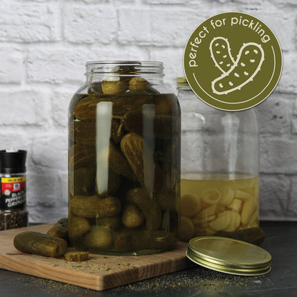 kitchentoolz 1 Gallon Glass Large Mason Jar Wide Mouth with Metal Airtight Lids (4 Pack) - Fermentation Kombucha Kefir Kimchi - Storing Canning Pickling Containers -Gold Lids