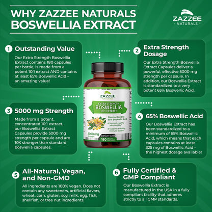 Zazzee Extra Strength Boswellia Serrata 10:1 Extract, 5000 mg Strength, 65% Boswellic Acid, 180 Vegan Capsules, 6 Month Supply, Standardized 10X High Potency, 100% Vegetarian, All-Natural, Non-GMO