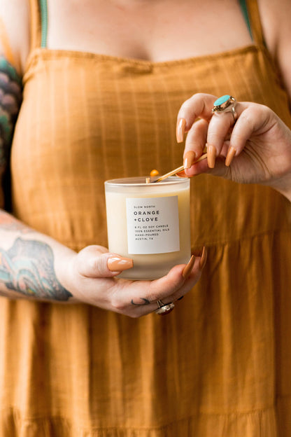 Slow North Orange + Clove Candle - Essential Oils and 100% Pure Soy Wax Candle in a Reusable Frosted Glass Jar - A Unique and Mindful Scented Candle Hand-Poured in The USA (8 oz)