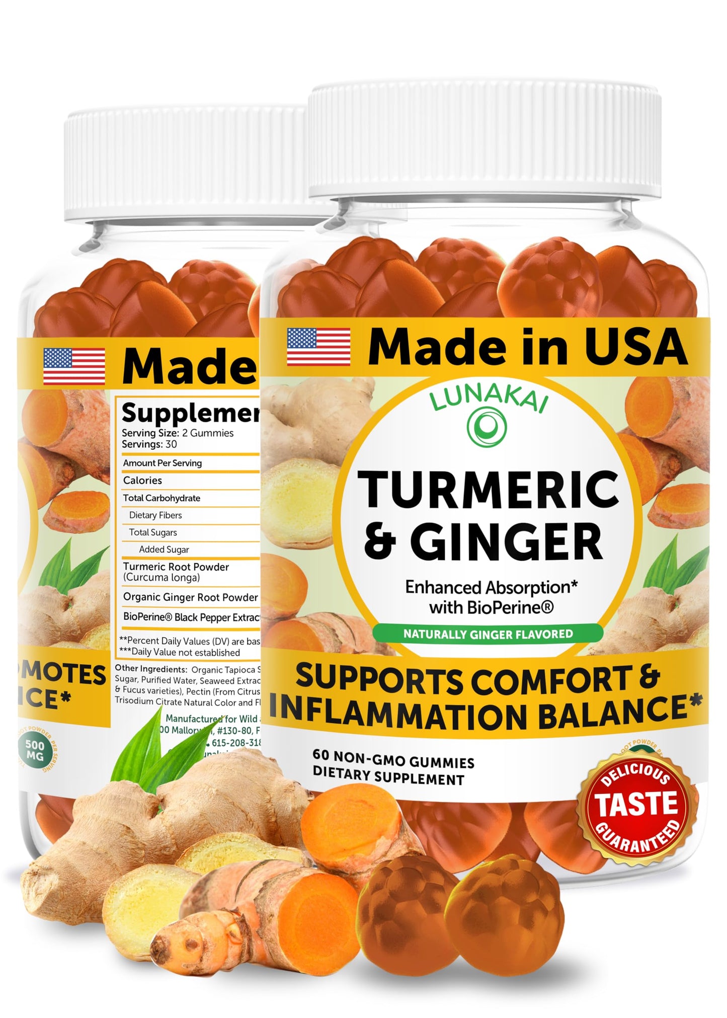 Lunakai USA Made Turmeric Gummies with Ginger & BioPerine – High Absorption Turmeric and Ginger Supplement for Inflammation, Joint & Immune Support, 60ct