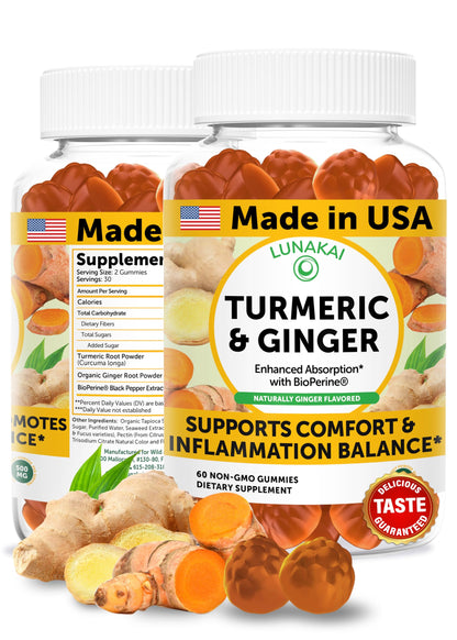 Lunakai USA Made Turmeric Gummies with Ginger & BioPerine – High Absorption Turmeric and Ginger Supplement for Inflammation, Joint & Immune Support, 60ct