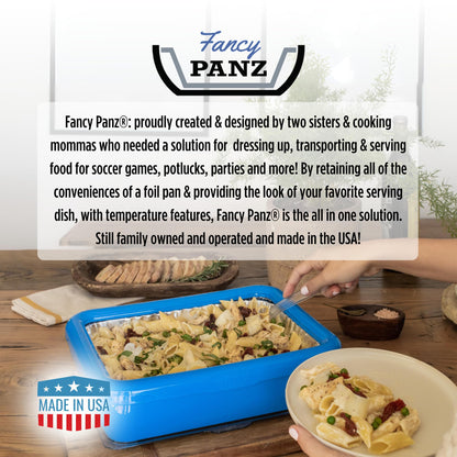 Fancy Panz Classic, Food Serving Tray, Made in the USA Foil Pan Carrier, Stackable Aluminum Pan Holders with Clear Lid, Travel Casserole Carrier With 1 Disposable Foil Pan & Serving Spoon, Charcoal