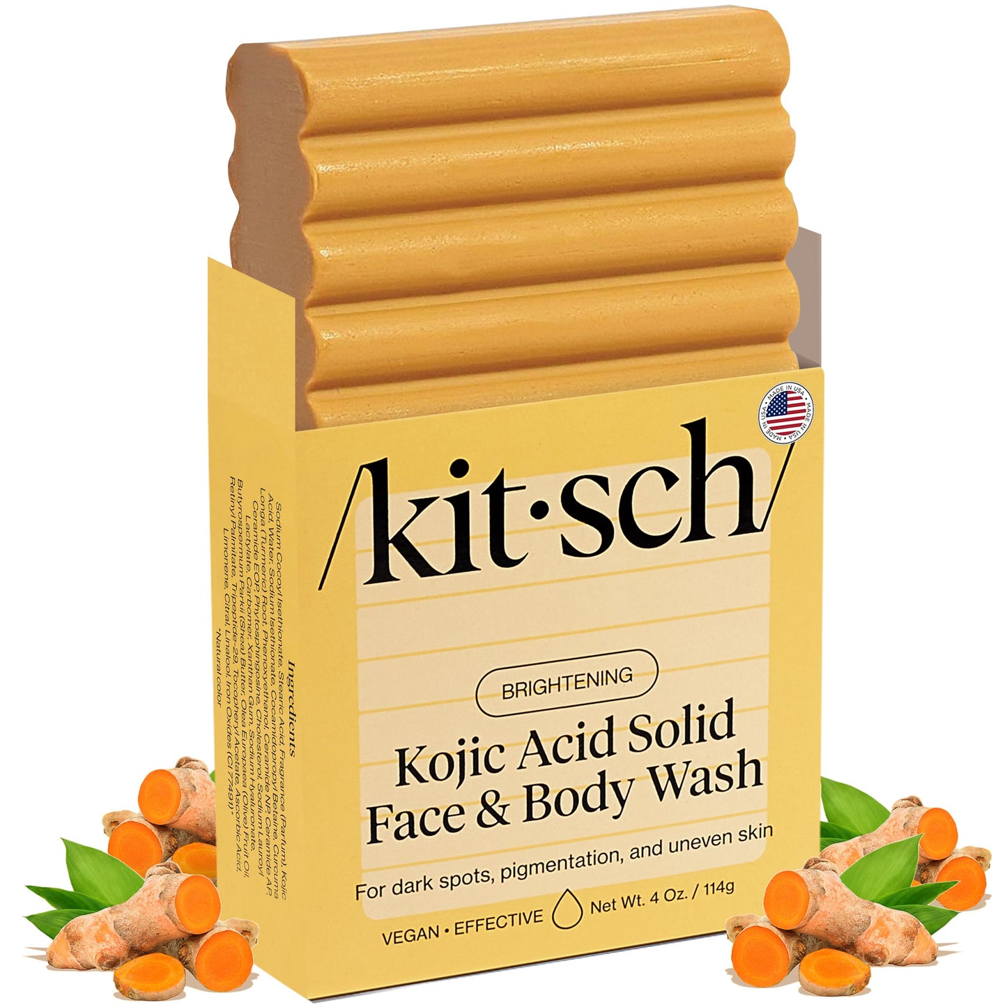 Kitsch Kojic Acid Soap - Brightening & Hydrating Kojic with Turmeric Soap Bar - Reduces Dark Spots, Evens Skin Tone, With Hyaluronic Acid & Shea Butter, Paraben & Sulfate-Free - 4oz, Made in USA