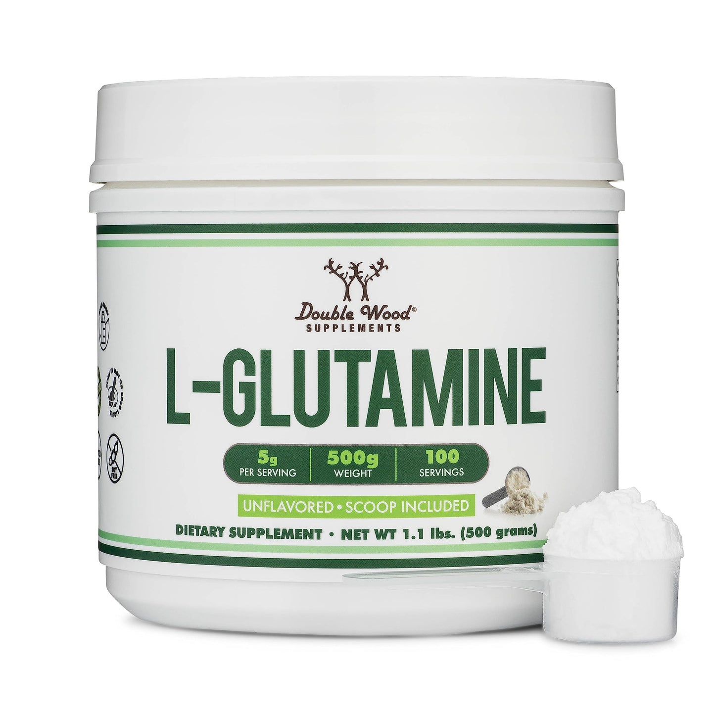 L Glutamine Powder 1.1lbs (100 Servings of 5 Grams Each - Third Party Tested L-Glutamine Powder) Unflavored, Keto, Vegan Friendly (with Scoop) for Exercise Endurance and Gut Health by Double Wood