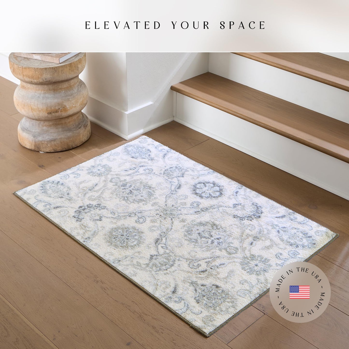 Maples Rugs Blooming Damask Kitchen Rugs Non Skid Accent Area Floor Mat [Made in USA], 2'6 x 3'10, Grey/Blue