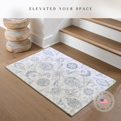 Maples Rugs Blooming Damask Kitchen Rugs Non Skid Accent Area Floor Mat [Made in USA], 2'6 x 3'10, Grey/Blue