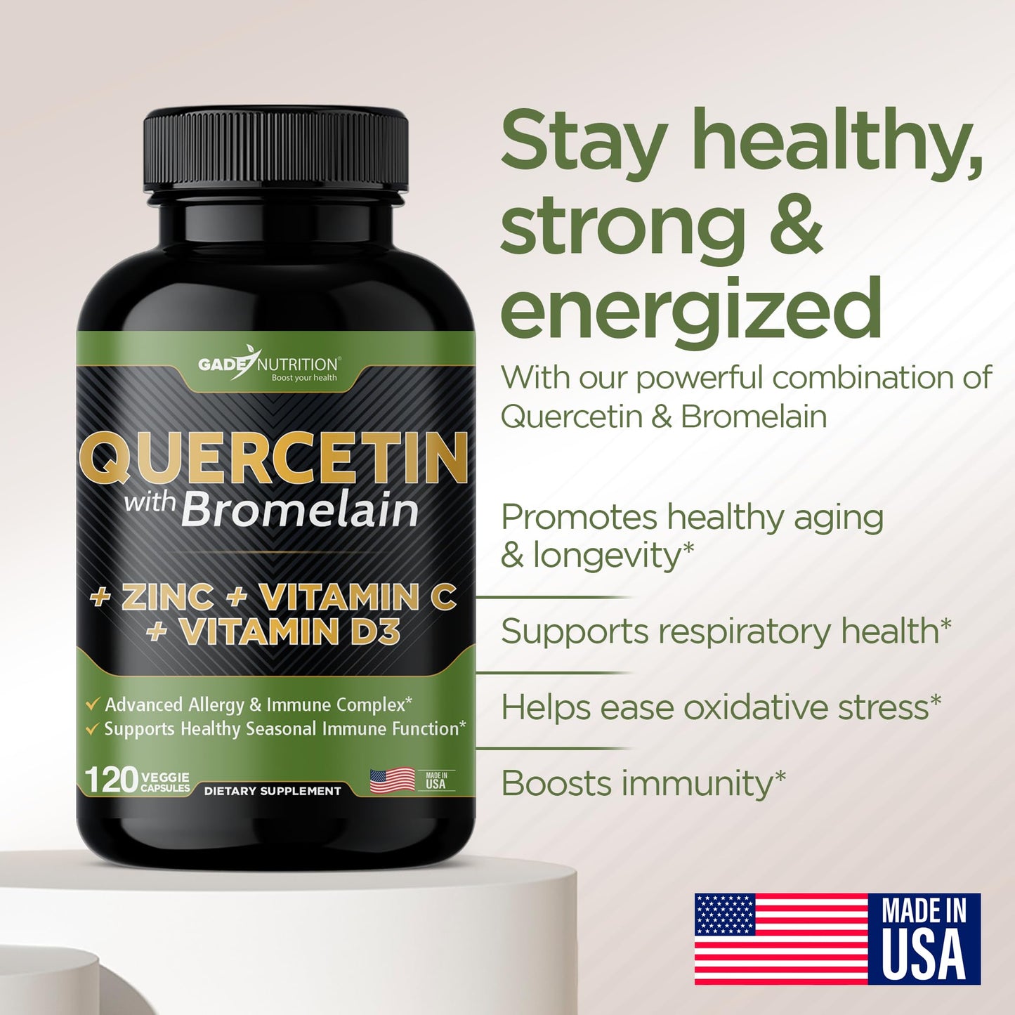 Gade Nutrition Quercetin with Bromelain Vitamin C and Zinc Vitamin D3 | Immune Support Supplement in Capsules | Non-GMO, Gluten-Free, Vegan | Made in The USA | 2 Month Supply