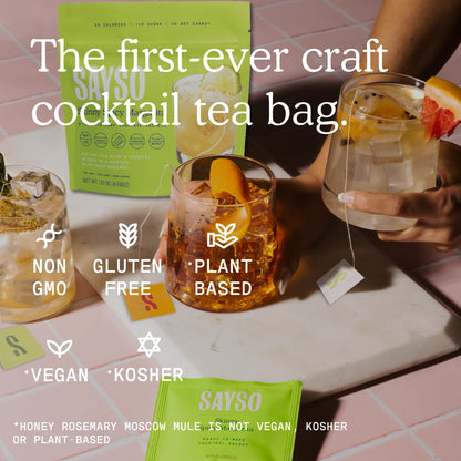 SAYSO Spicy Margarita, Cardamom Paloma, and Hibiscus Cosmopolitan (Skinny) & Honey Rosemary Moscow Mule Cocktail Mix Variety Pack | (Low-Calorie & Low Sugar Cocktail Tea Bags), 8-Pack Assorted