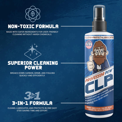 BRAVOBELT Professor Pew CLP - Gun Oil and Cleaner | Gun Rust Remover | Degreaser for pistols, rifles, tools, and shotguns - 8 oz bottle