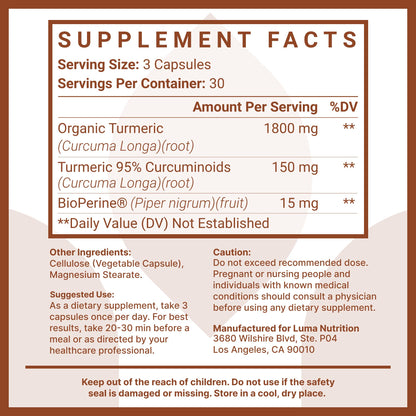 Luma Nutrition Turmeric Curcumin with Black Pepper - 95% Curcuminoids - 1950mg Per Serving - Premium Turmeric Supplement - with BioPerine for Max Absorption - Made in USA - 90 Capsules