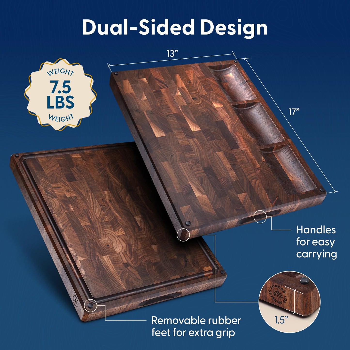 Sonder Los Angeles Alfred Cutting Board Made in USA | Black Walnut End Grain Cutting Board for Kitchen with Non-Slip Feet, Juice Groove, Sorting Compartments | Gift Box Included | 17x13x1.5 in