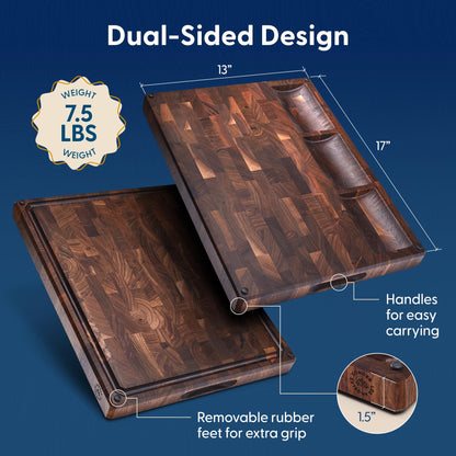 Sonder Los Angeles Alfred Cutting Board Made in USA | Black Walnut End Grain Cutting Board for Kitchen with Non-Slip Feet, Juice Groove, Sorting Compartments | Gift Box Included | 17x13x1.5 in