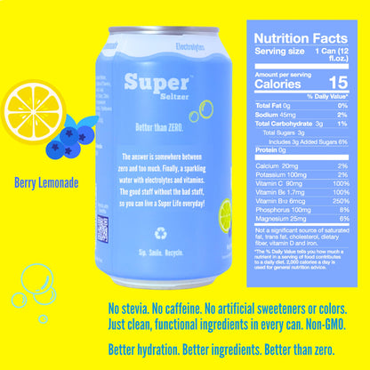 Super Seltzer Sparkling Water with Electrolytes and Vitamins, Berry Lemonade Naturally Flavored, 12 Fl Oz, Pack of 12 cans