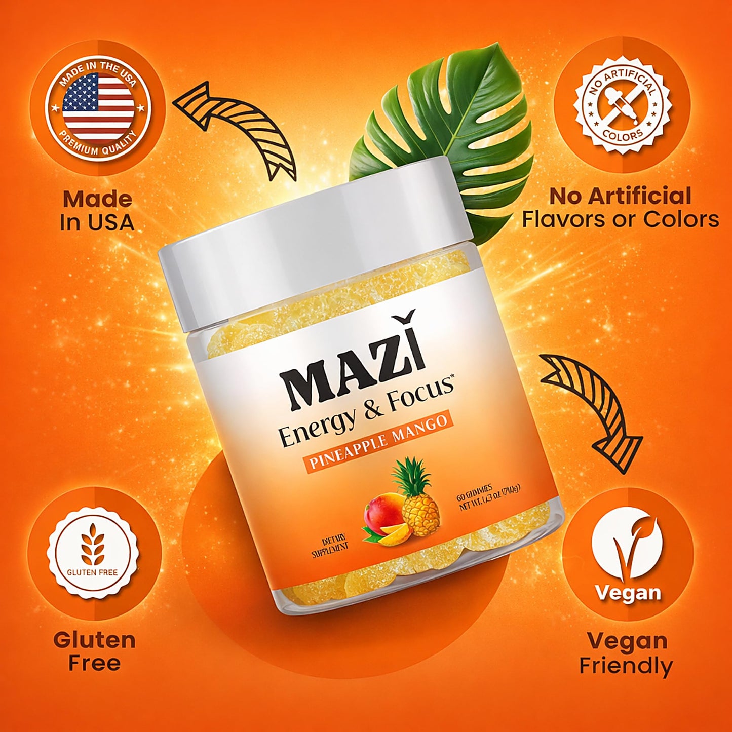 Energy & Focus Gummies | 100mg Natural Caffeine + L-Theanine + Vitamin B6 & B12 + CoQ10 | Nootropic Cognitive Brain Performance Supplement | No Crash or Jitters