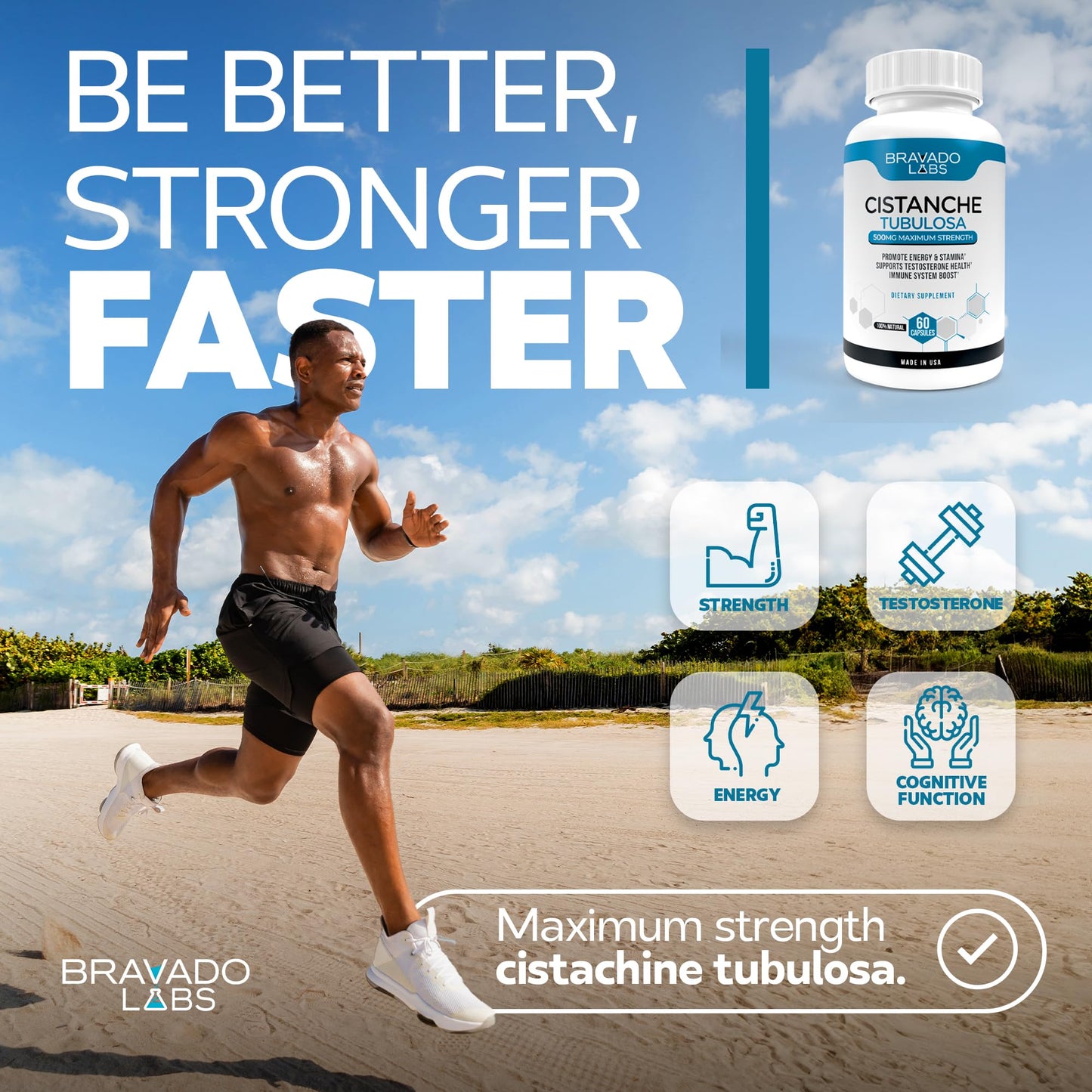Bravado Labs Cistanche Tubulosa Supplement Men 500 mg - Testosterone Booster for Men - Promotes Strength, Mood, Energy, Focus, Hormone Support - Cistanche Tubulosa Extract Powder - 60 ct