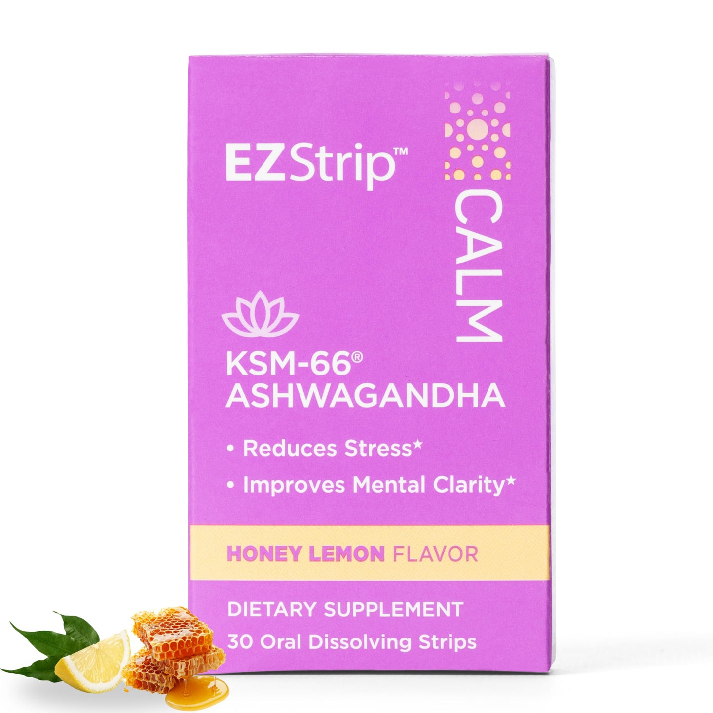 EZStrip Calm Supplement - Honey Lemon Flavor, 30 Count - Dissolving Calming Strips with Ashwagandha KSM 66 Help Support Stress Relief - Made in The USA, Sugar and Gluten-Free