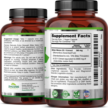 Zazzee Extra Strength Bitter Melon 25:1 Extract, 9000 mg Strength, 10% Bitter Principles, 150 Vegan Capsules, Standardized and Concentrated 25X Extract, 100% Vegetarian, All-Natural and Non-GMO