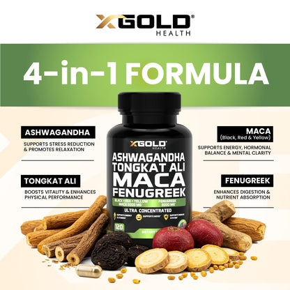 Ashwagandha 5000mg + Tongkat Ali 1000mg + Maca Root 5000mg + Fenugreek 3000mg Supplement | Black + Red + Yellow Maca Root Extract & Fenugreek Herbal Supplements for Men & Women - Made in USA