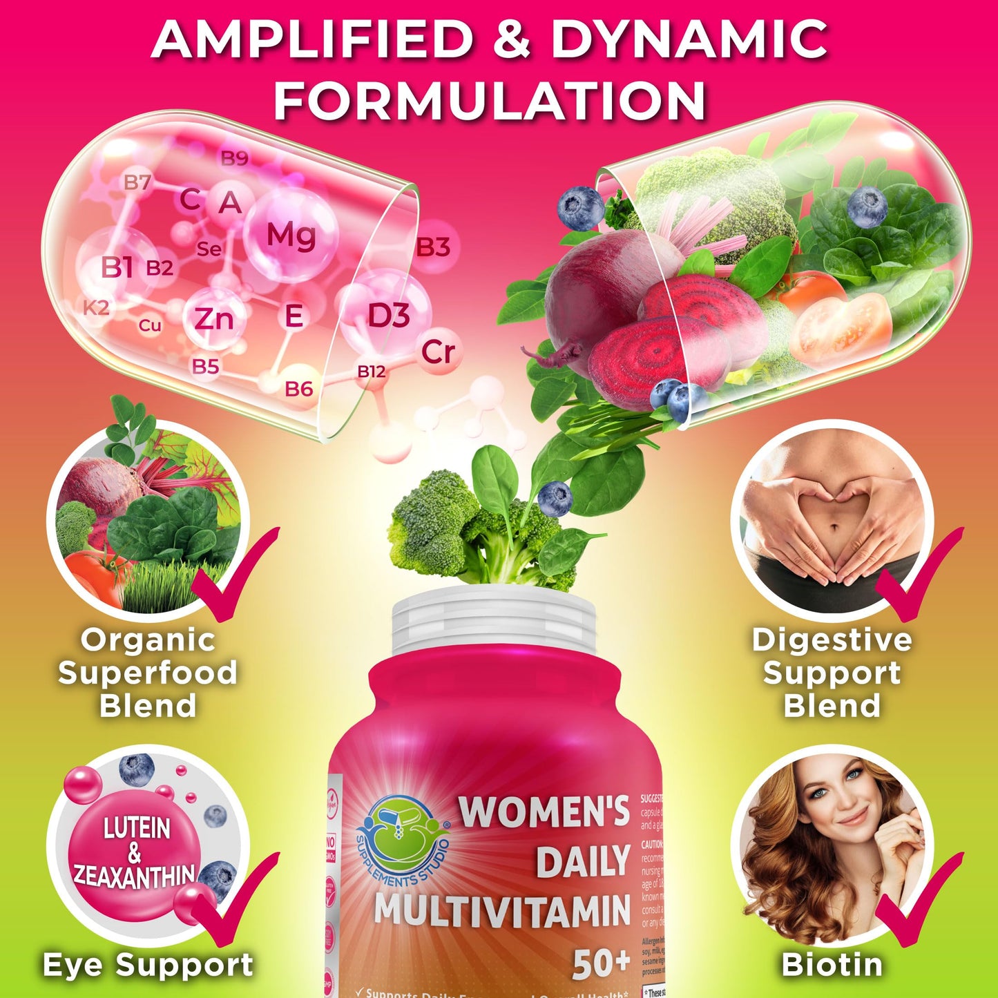 Women's Daily Multivitamin 50 Plus - Vegan Methylated Multivitamin for Women 50 and Over with Biotin, Organic Superfoods & Lutein - Eye, Energy, Gut & Optimal Health Support - Easy to Swallow Capsules